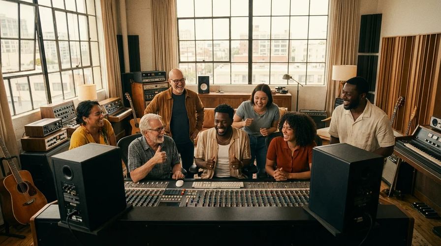 Marketing team in a bright studio listening to a jingle playback on speakers, smiling and nodding along