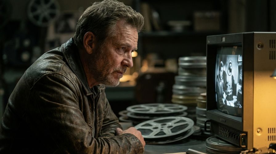 Film director watching playback on a monitor in a dark editing suite with warm amber screen light