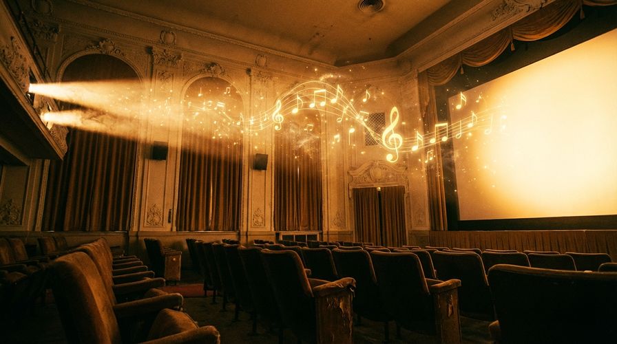 Empty movie theater with warm amber light streaming from projector beam and musical notation in light particles