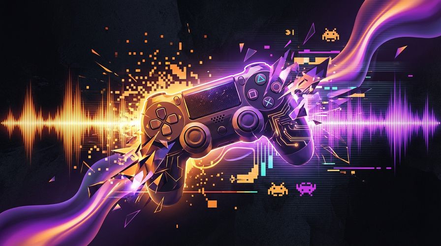Gaming-inspired art of a game controller with vibrant amber and neon purple soundwaves, retro-meets-modern aesthetic