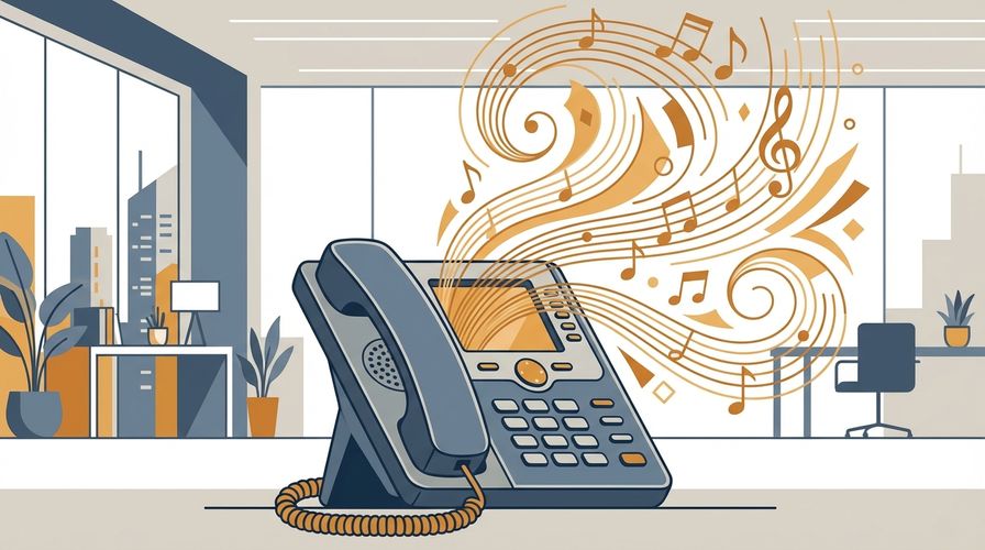 Stylized office phone with amber soundwaves flowing from the handset in a professional corporate setting
