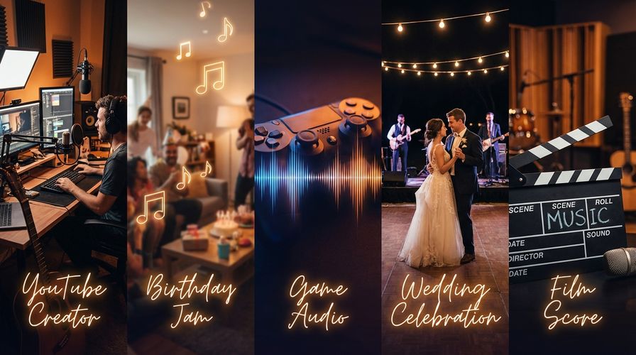 Collage showing diverse music creation contexts — YouTube creator, birthday party, game controller, wedding dance floor, and film slate