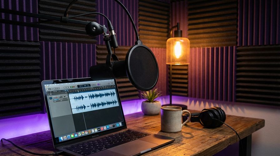 Podcast recording setup with professional microphone, pop filter, and laptop showing audio waveform