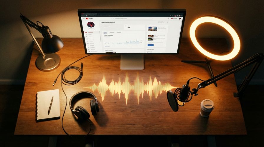 Content creator's desk with YouTube Studio interface, headphones, microphone, and glowing amber soundwave visualization