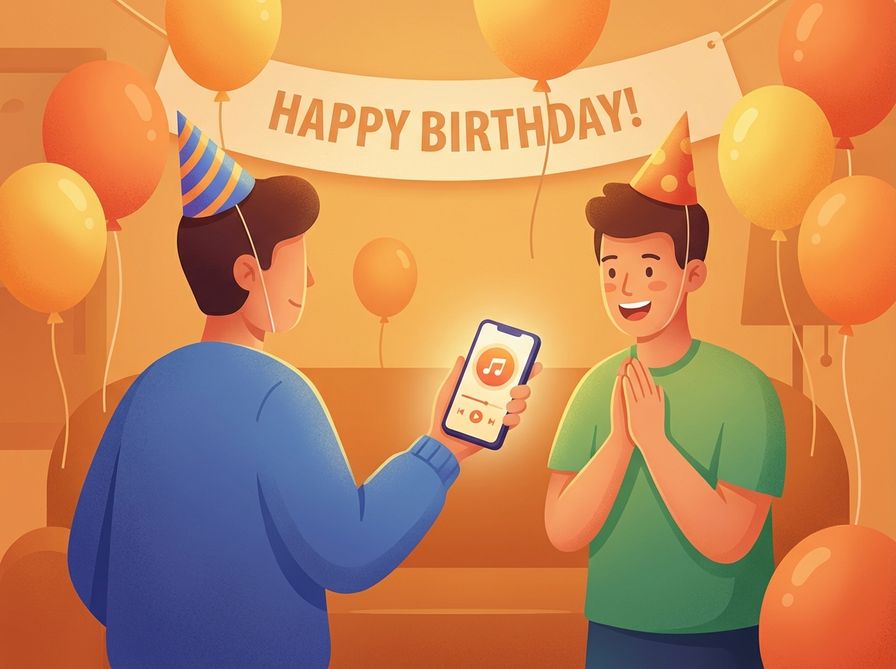 Person holding phone showing music player, giving it as gift to surprised happy friend with birthday hat and balloons