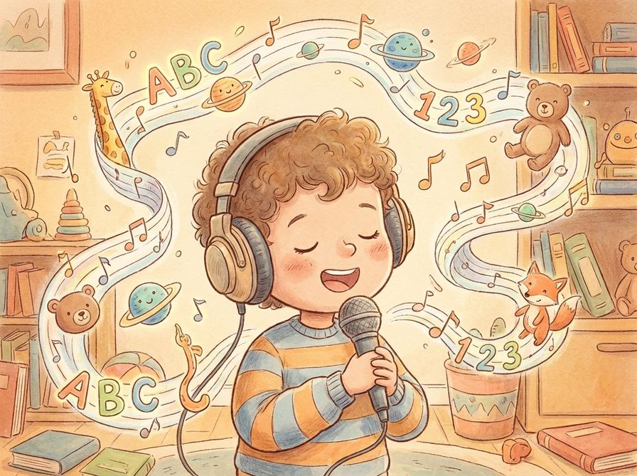 Child wearing headphones singing along while educational concepts dance around their head as musical notes
