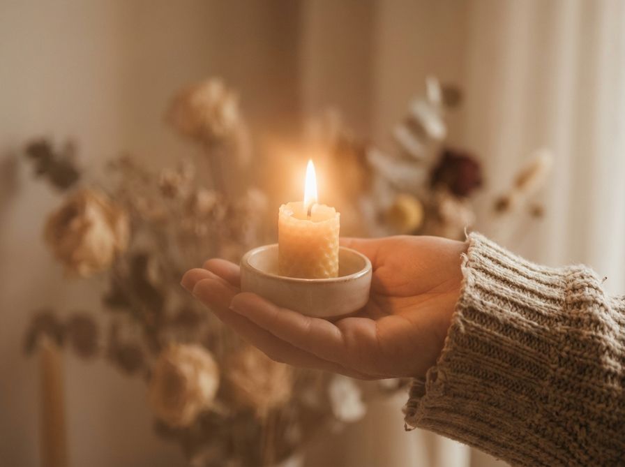 Hand holding a candle with warm golden glow, blurred flowers in background