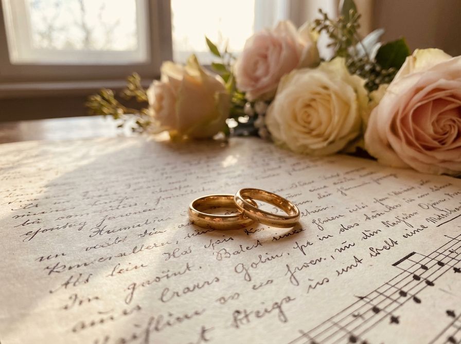 Wedding rings on handwritten lyrics with soft golden sunlight and roses in background