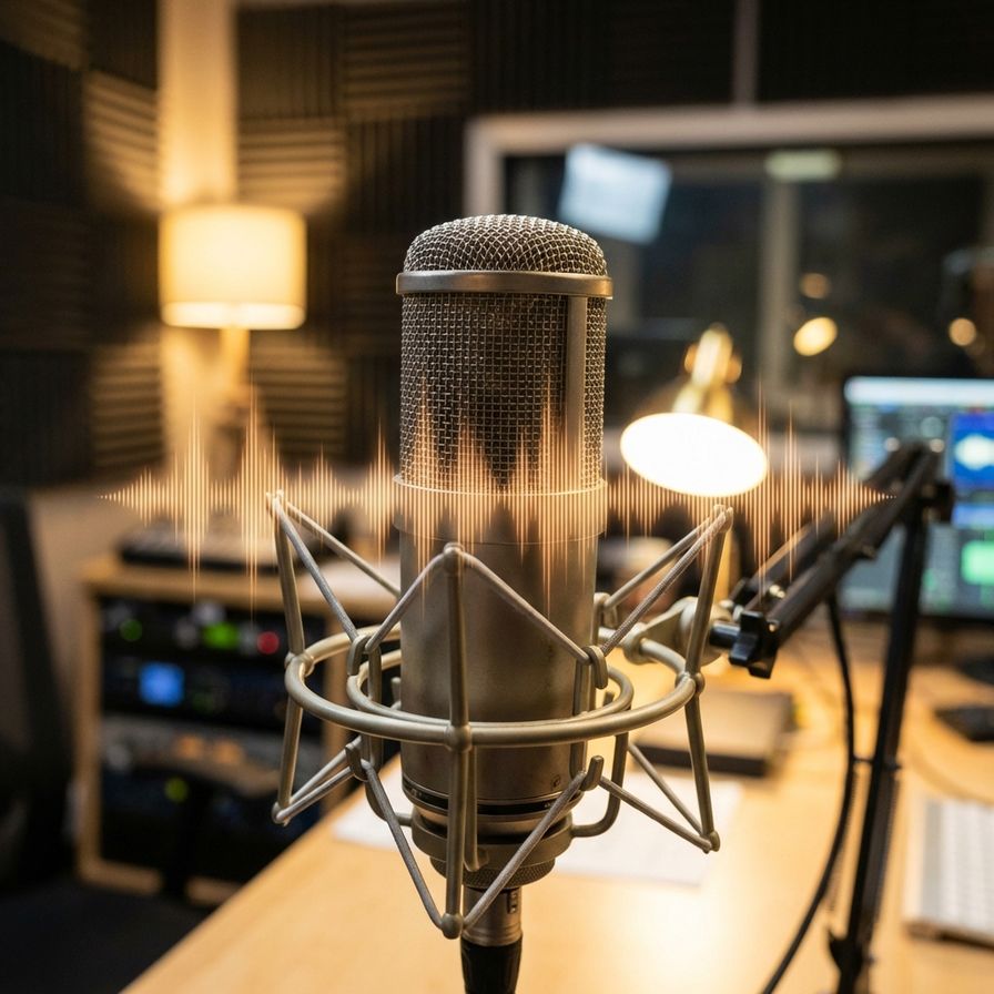 Close-up of condenser microphone with blurred podcast studio background and amber soundwave overlay